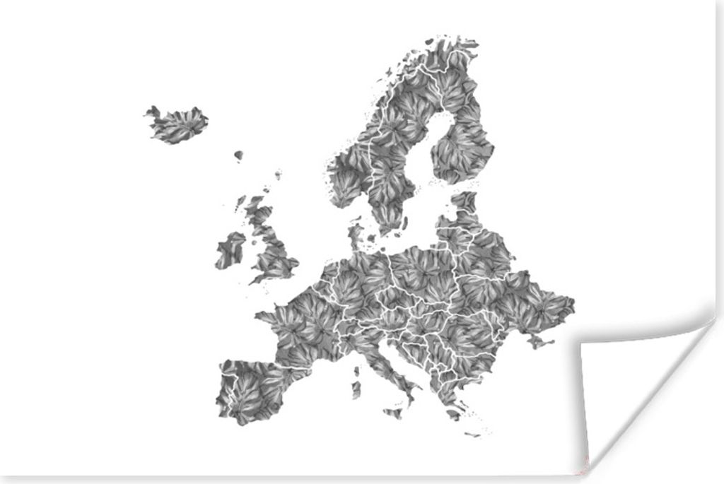 MuchoWow Poster Eurocard mit Muster von grauen tropischen Blättern - schwarz und weiß 30x20 cm - Plakate - Print