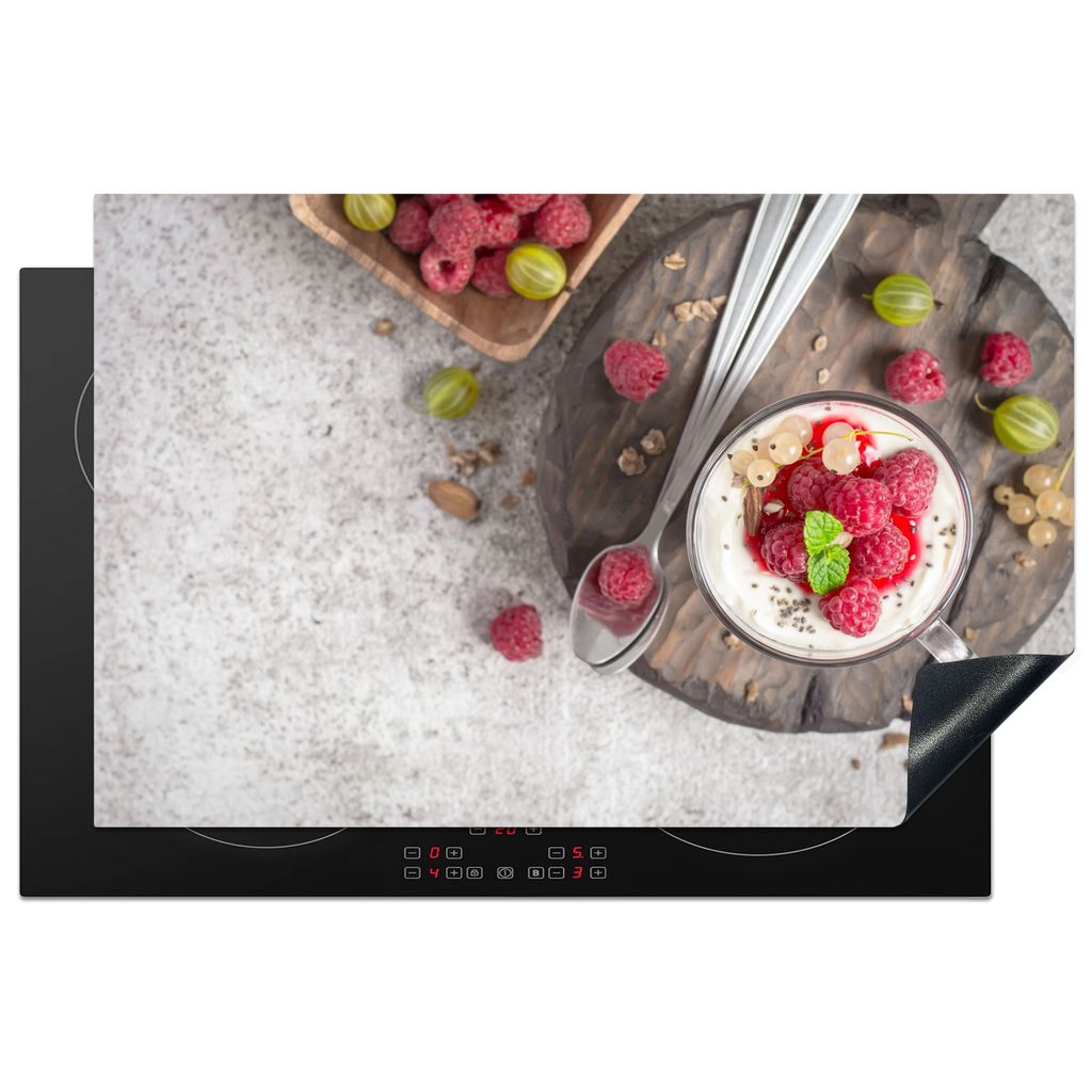 KitchenYeah Herdabdeckplatte Dessert - Obst - Holz , 80x52cm, Küche Deko, Glaskeramikkochfeld Herdabdeckung, Abdeckplatte fùr Kochfeld