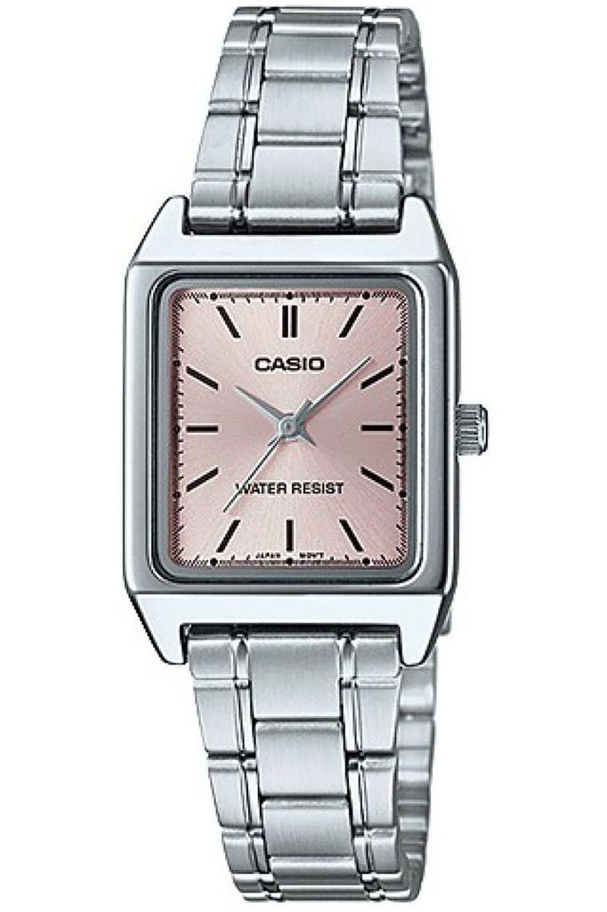 A studio shot of a silver Casio watch with a pink face.