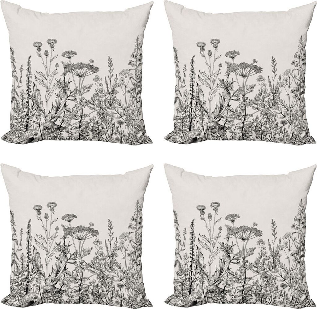 ABAKUHAUS Blume Kissenbezug Set (4 Stück), Wildflower Botanical Land, Moderner Doppelseitiger Digitaldruck, 40 cm x 40 cm, Pale Eggshell Dunkelgrau