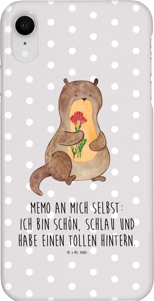 Mr. & Mrs. Panda Iphone XR Handyhülle Otter Blumenstrauß - Grau Pastell - Geschenk, Selbstliebe, Seeotter, Positiv, Premium Kunststoff, Achtsamke...