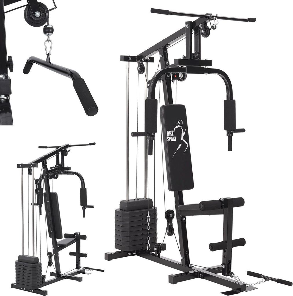A black multi-station home gym with weights and attachments.