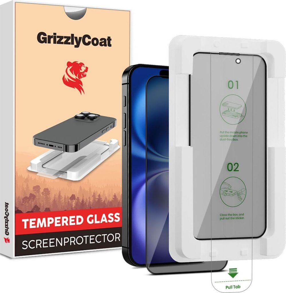 GrizzlyCoat AlignPro AntiSpy iPhone 16 Plus Panzerglas Gehärtetes Glas Displayschutz Privacy - Hüllenfreundlich + Applikator