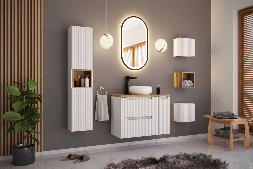 COMAD | Badmöbel-Set, Waschbeckenschrank + Hängeschrank + Regale, NOVA WEISS und EICHE