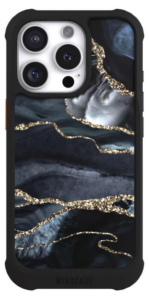 NIVOCASE Hülle für Apple iPhone 16 Pro Stoßfeste Handyhülle NIVOmax Case Schwarz Glitzer Look Marmor Trends