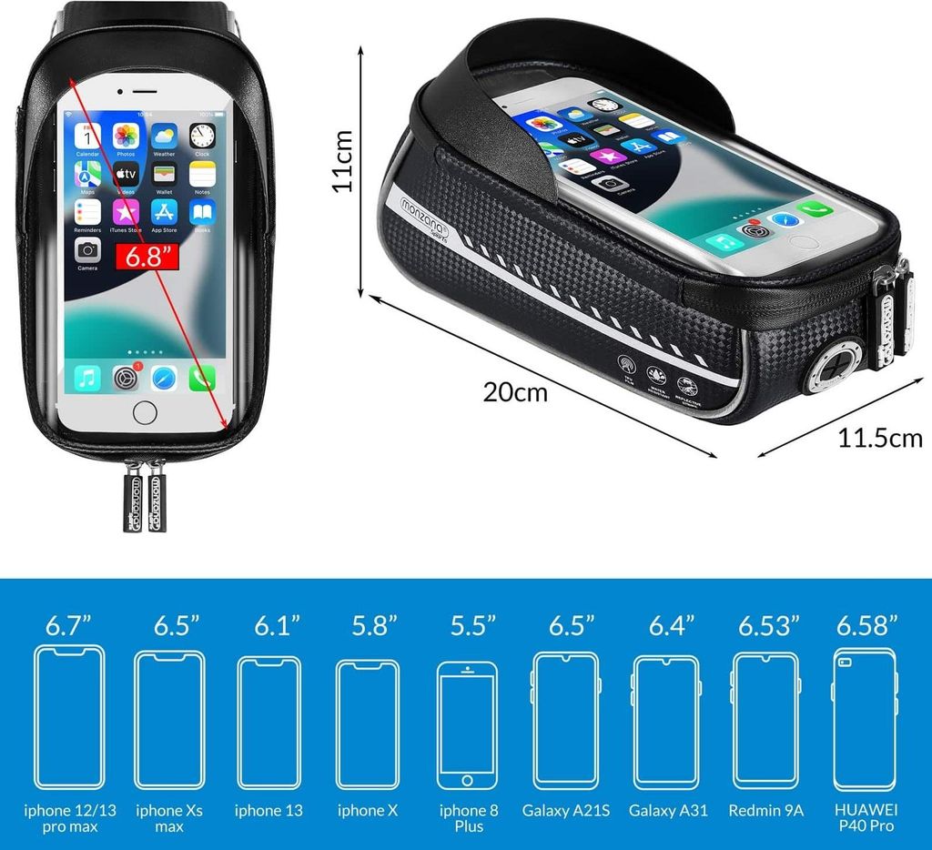 Fahrradrahmentasche, wasserdicht, 0,85 l, Grau, Touchscreen