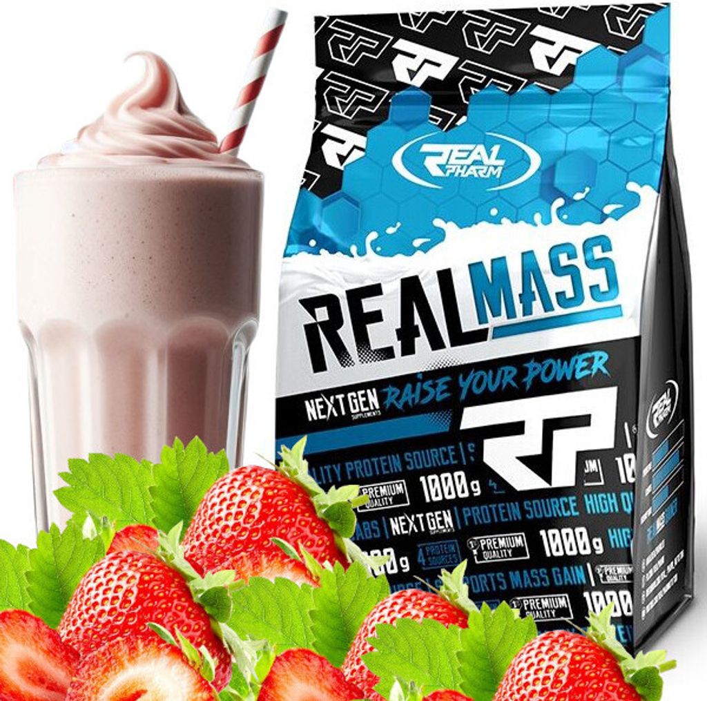 RealPharm Real Mass GAINER Eiweiß 1000g Kohlenhydrate Muskelmasse aufbauen geschmack: Erdbeere