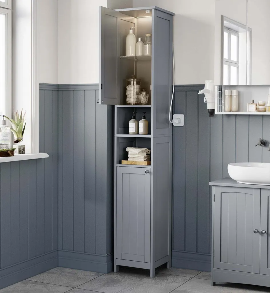Armoire de Salle de Bain Grise en MDF avec Éclairage LED - Format Slim
