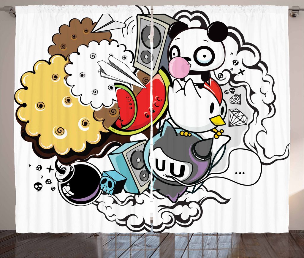 ABAKUHAUS Indie Rustikaler Gardine, Tierfutter verrückt Doodle, Schlafzimmer Kräuselband Vorhang mit Schlaufen und Haken, 280 x 225 cm, Mehrfarbig