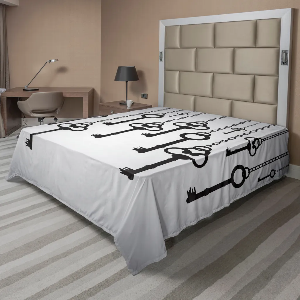 ABAKUHAUS Lenzuolo antico, sagome di vecchie chiavi appese, stampa digitale con castello, lenzuolo morbido e confortevole per un letto decorativo 1 pezzo 275 cm x 260 cm, grigio chiaro e nero