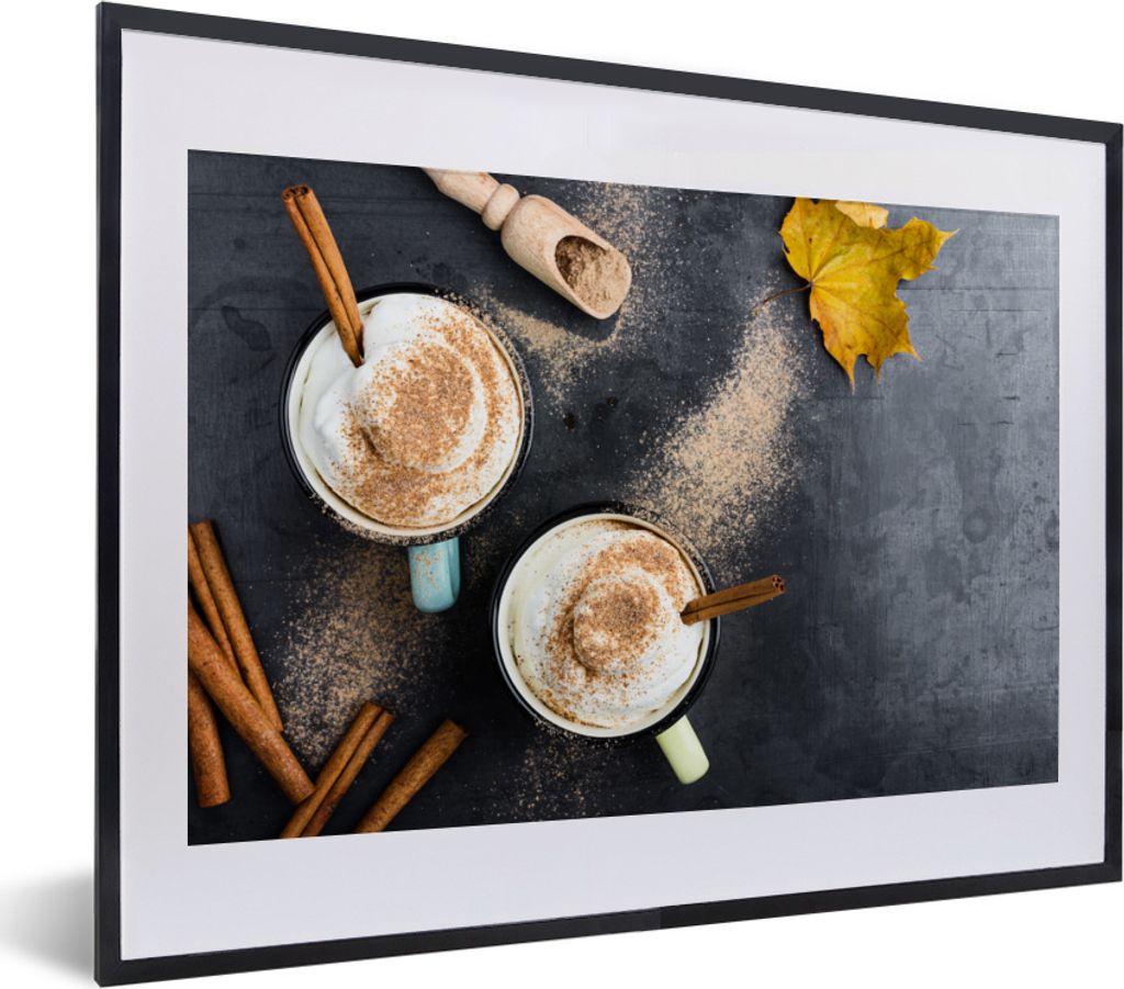 MuchoWow MuchoWow Gerahmtes Poster Ein herbstlicher Kaffee mit Zimt von oben betrachtet 40x30 cm - Poster mit zchwarzem Bilderrahmen - Bilderra...