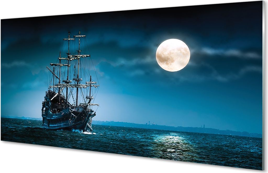 Glasbilder 100x50 Wandkunst Sea Stadt Mond Schiff