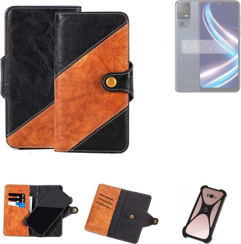 K-S-Trade Handyhülle Schutzhülle Bookstyle Case Wallet-Case kompatibel mit Sharp Aquos V7 Plus Handy Cover Bumper Klapphülle schwarz hellbraun 1x