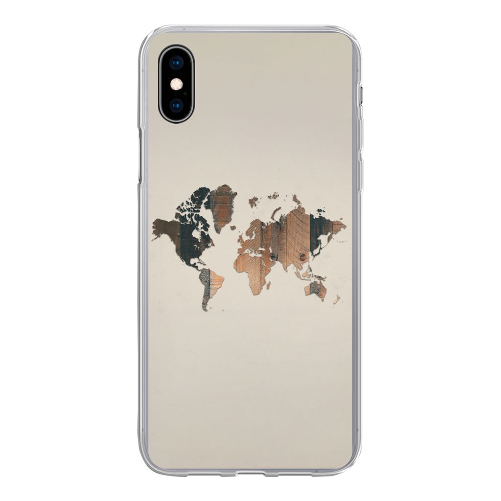 MuchoWow Handyhülle Schutzhülle Hülle für iPhone Xs Weltkarte -Holz - Regal Silikon Softcase Handy Hülle - Handytasche