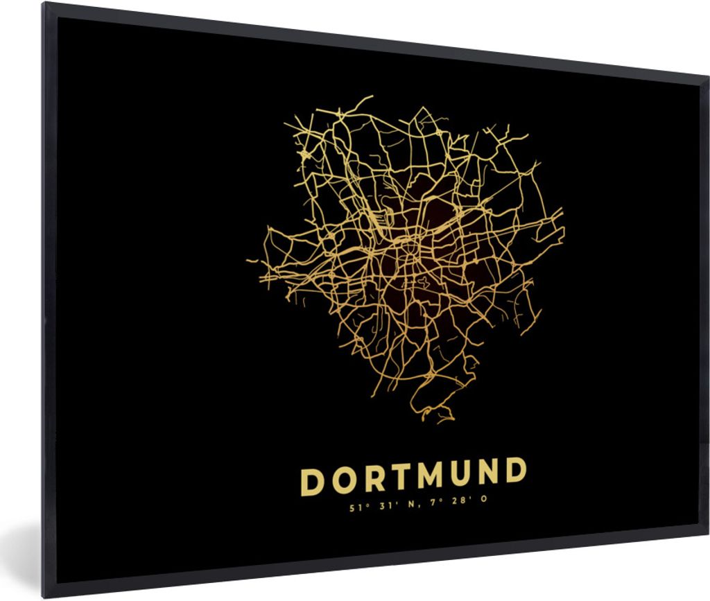 MuchoWow Gerahmtes Poster Karte - Dortmund - Gold - Stadtplan 90x60 cm - Poster mit Schwarzem Bilderrahmen Wandposter Rahmen Foto Bilder - Fotora...