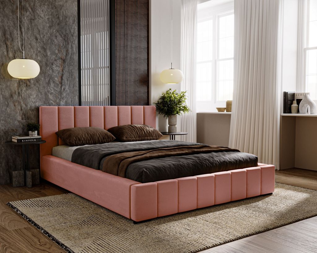 Polsterbett Nero inkl. Schaummatratze SELEKT, 120x200 cm, Doppelbett mit Bettkasten und Lattenrost aus Holz, Velourstoff: Rosa