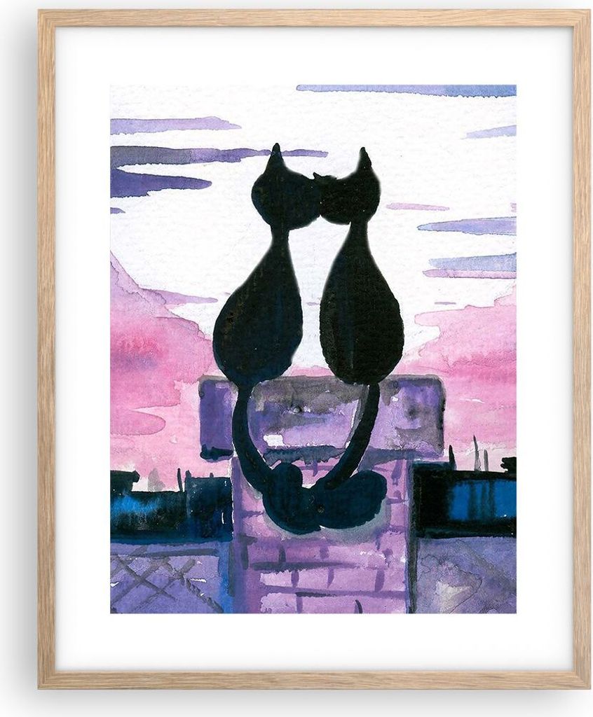 Gerahmtes Poster - Rahmen in heller Eiche - Katzen Dach Liebe Tier - 40x50 cm - Wand Bild - Wanddeko - Wandbilder - Wandposter - Bilderrahmen - Bil...