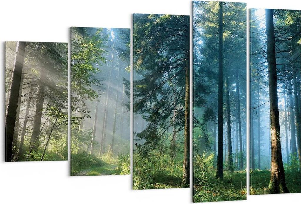 Bild auf Leinwand - Leinwandbild - 5 Teile - Wald Dämmerung die Sonne - 150x100cm - Wand Bild - Wanddeko - Wandbilder - Leinwanddruck - Bilder - W...