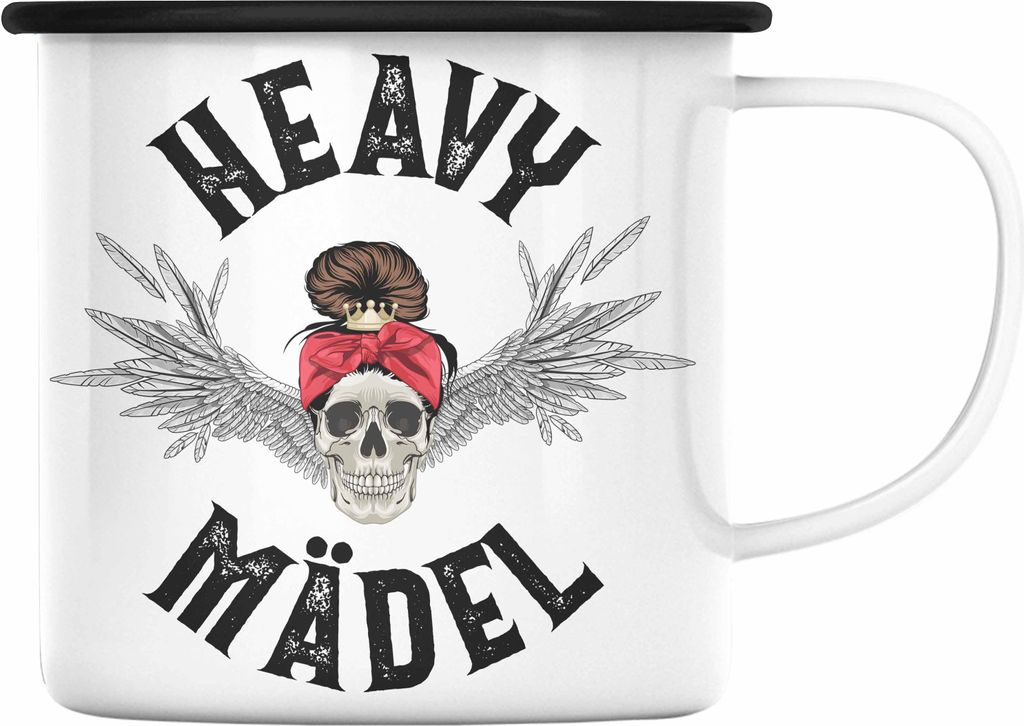 Trendation - Heavy Metal Mädel Geschenk Frauen Emaille Tasse Death Metal Becher Metalfal Rocker Biker Geschenkidee (Schwarz)