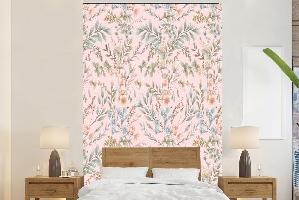 MuchoWow Fototapete für Wohnzimmer oder Schlafzimmer Wandtapete Vinyl Motivtapete Blumen - Pastell - Vintage - 170x260 cm - Wohnzimmertapete