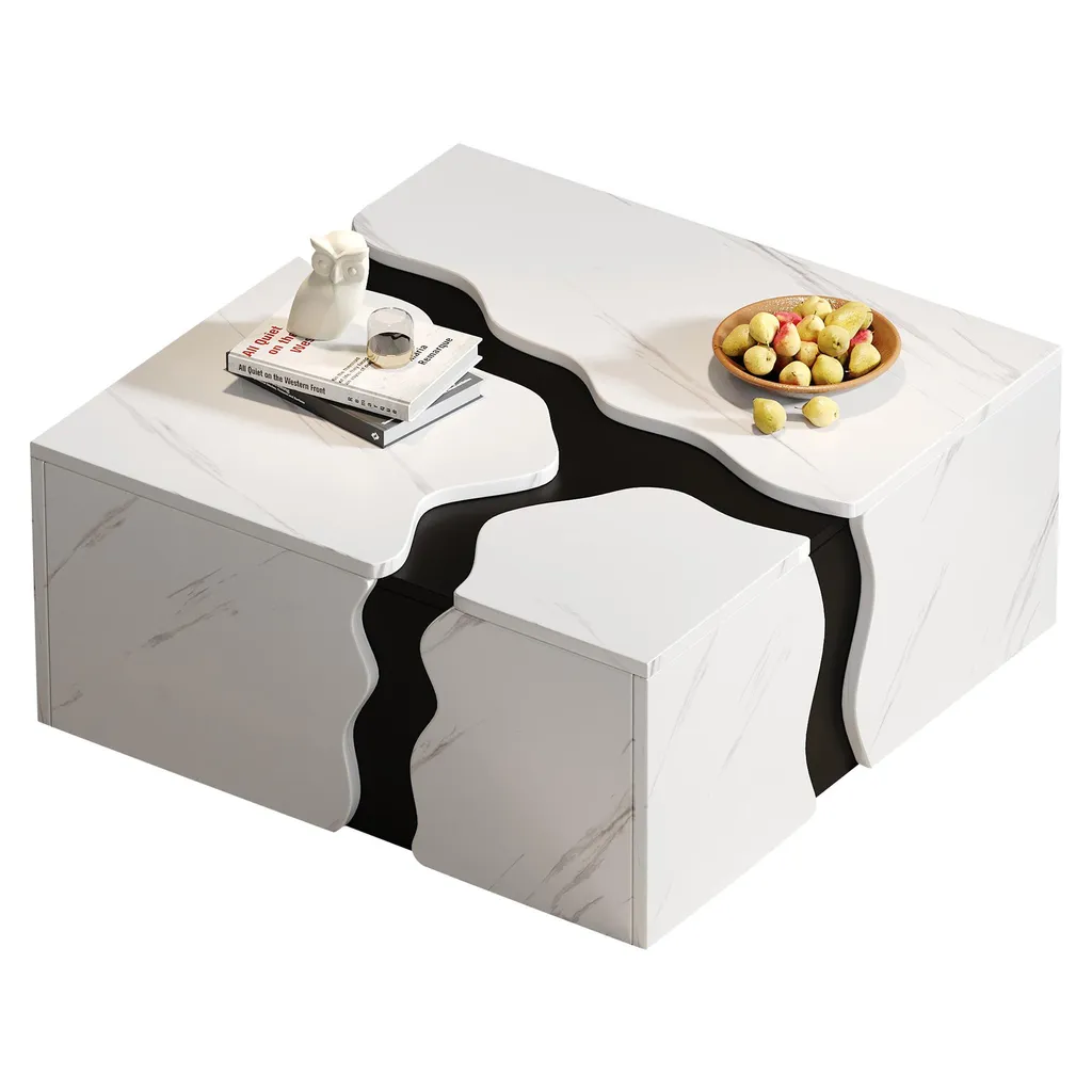 Table basse carrée 70x70 cm aspect marbre blanc avec tiroir de rangement - 11