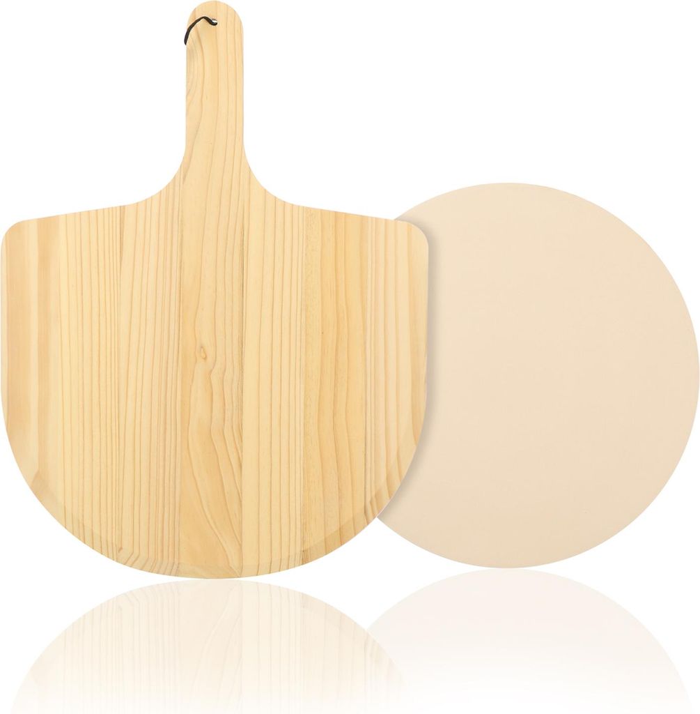 COM-FOUR 33cm Pizzasteinplatte mit Pizzaschieber, Pizza backen im Ofen oder Grill, Steinofen-Feeling, feuerfester Schamottstein mit Holz-Pizzasch...