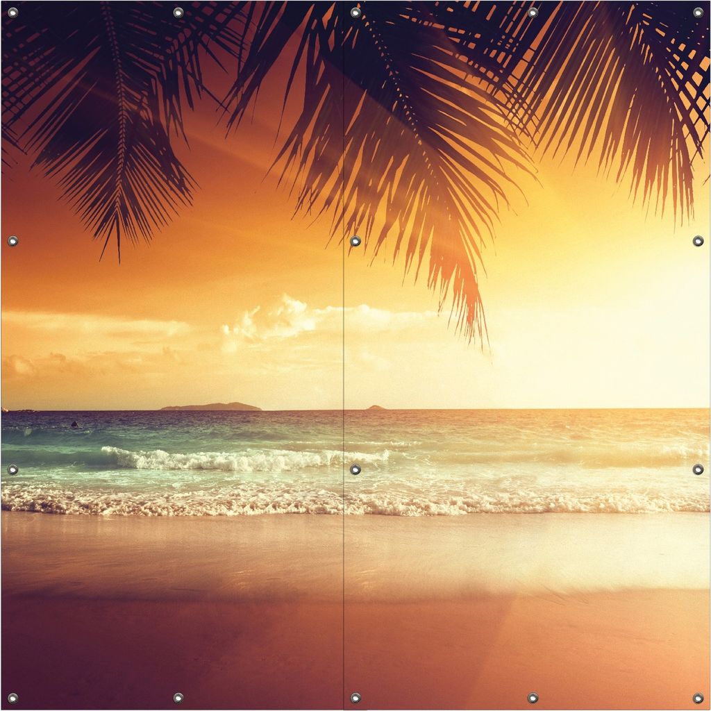 Wallario Outdoor-Poster für Garten oder Balkon, Motiv Sonnenuntergang am Strand in der Karibik, in ca. 180 x 180 cm
