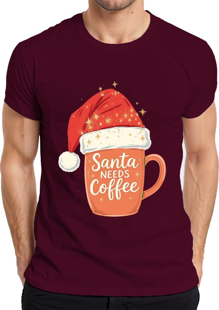 Santa Needs Coffee Weihnachtsmann Kaffee Weihnachten Geschenk Herren T-Shirt, Burgundy, L