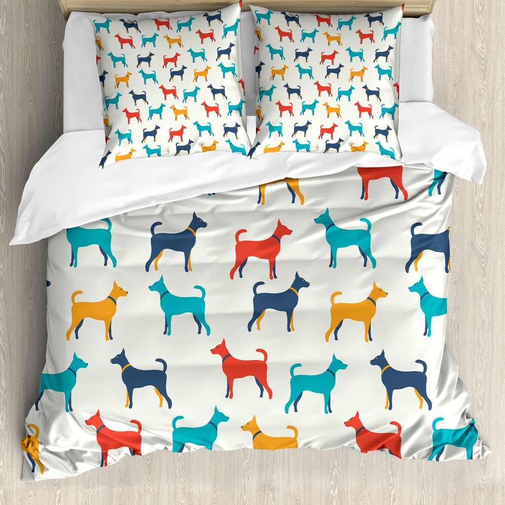 ABAKUHAUS Hund Bettbezug, Retro Dog, Milbensicher Allergiker geeignet mit Kissenbezügen, 155 cm x 220 cm - 80 x 80 cm, Grau, Rot, Teal