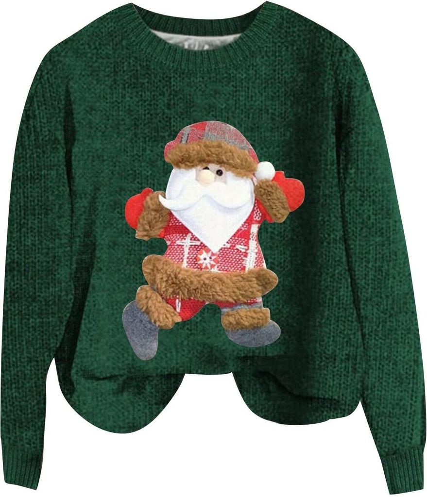 ASKSA Damen Lustige Weihnachtspullover Strickpullover Winter Rundhals Pulli Christmas Sweater Langarm Oberteile Warm Weihnachtspulli,D-Gruen,4XL