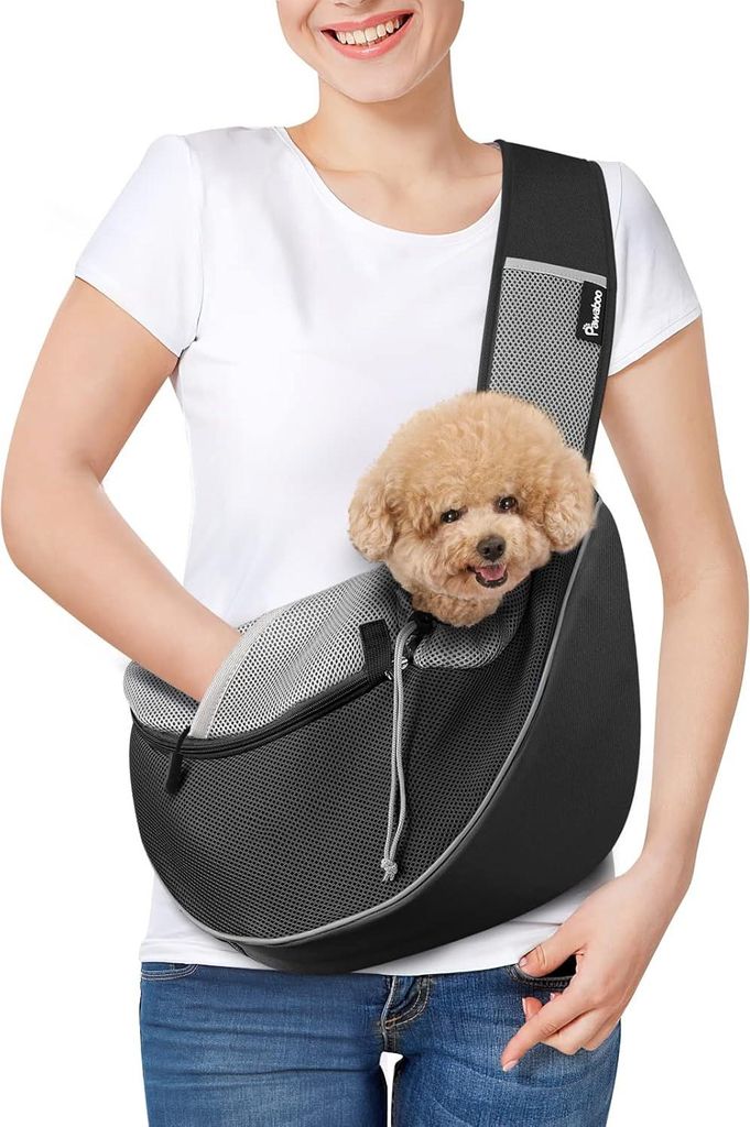 Tragetasche mit Reißverschlusstasche - Hands-free atmungsaktive Mesh Umhängetasche für kleine Hunde - Verstellbarer Gurt - Outdoor-Reise - Schwa...