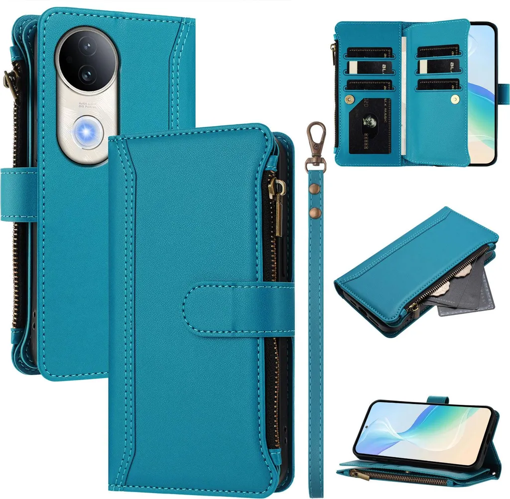 Custodia per Vivo S20, con cerniera, portafoglio Custodia flip in Finto cuoio con tasche per carte, supporto e passante per la mano Lago blu - 1