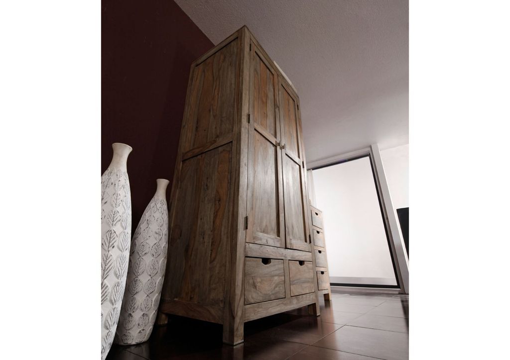 MASSIVMOEBEL24 Schrank Sheesham 96x60x200  grau geölt Produktbild 