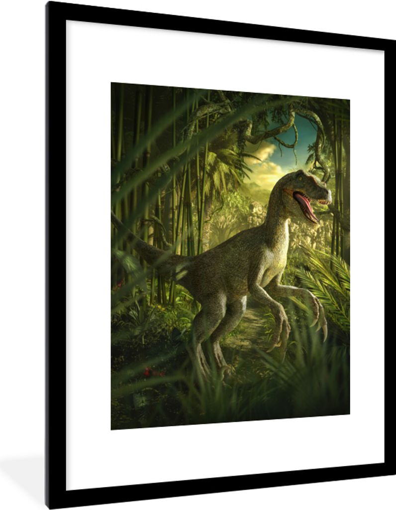 MuchoWow Gerahmtes Poster Dinosaurier - Pflanzen - Grün - Illustration - Kinder - Jungen 60x80 cm - Poster mit Schwarzem Bilderrahmen Wandposter...