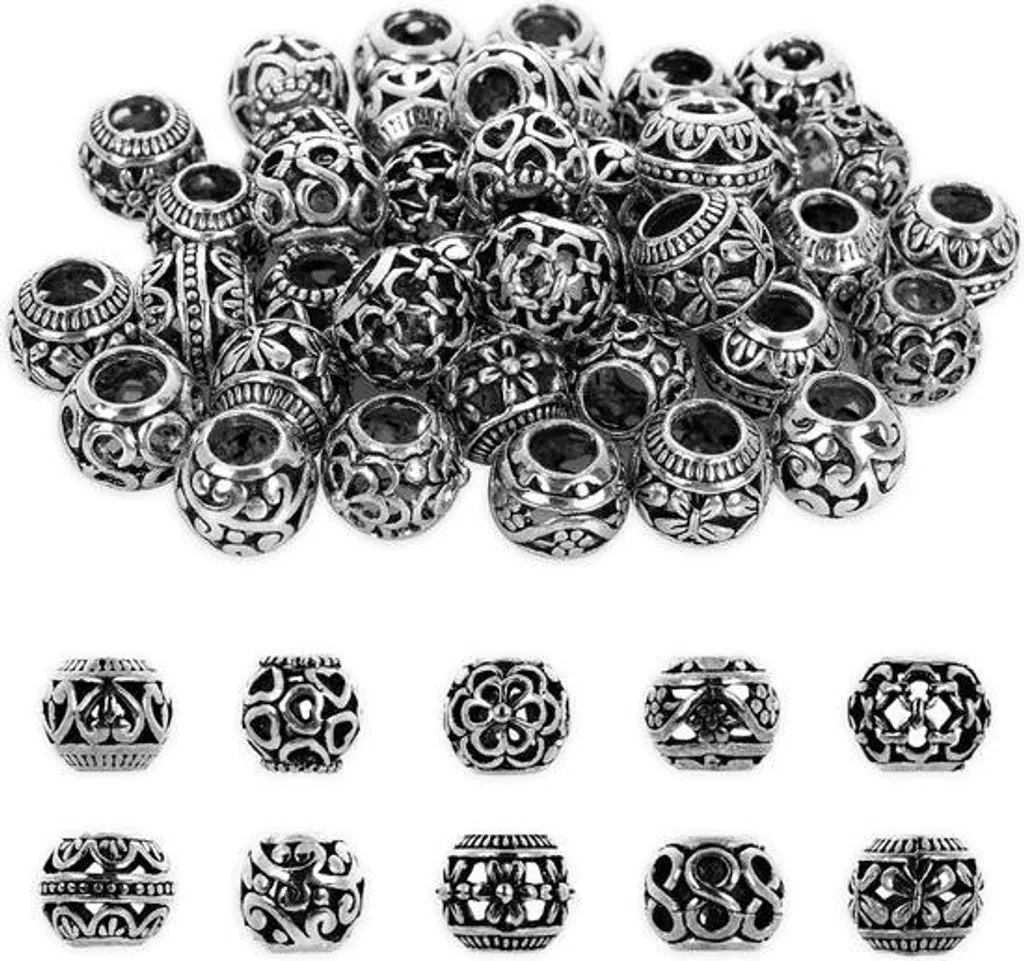 Perles Intermédiaires Métal Argenté Antique - 40 Pcs (12mm) Grand Trou