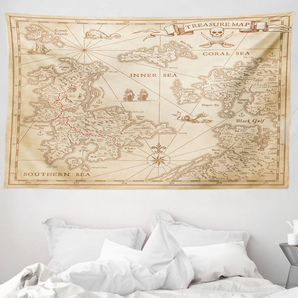 ABAKUHAUS Karte Wandteppich, Grunge-Schatz-Karte aus Weiches Mikrofaser Stoff Waschbar ohne Verblassen Digitaldruck, 230 x 140 cm, Sand Brown