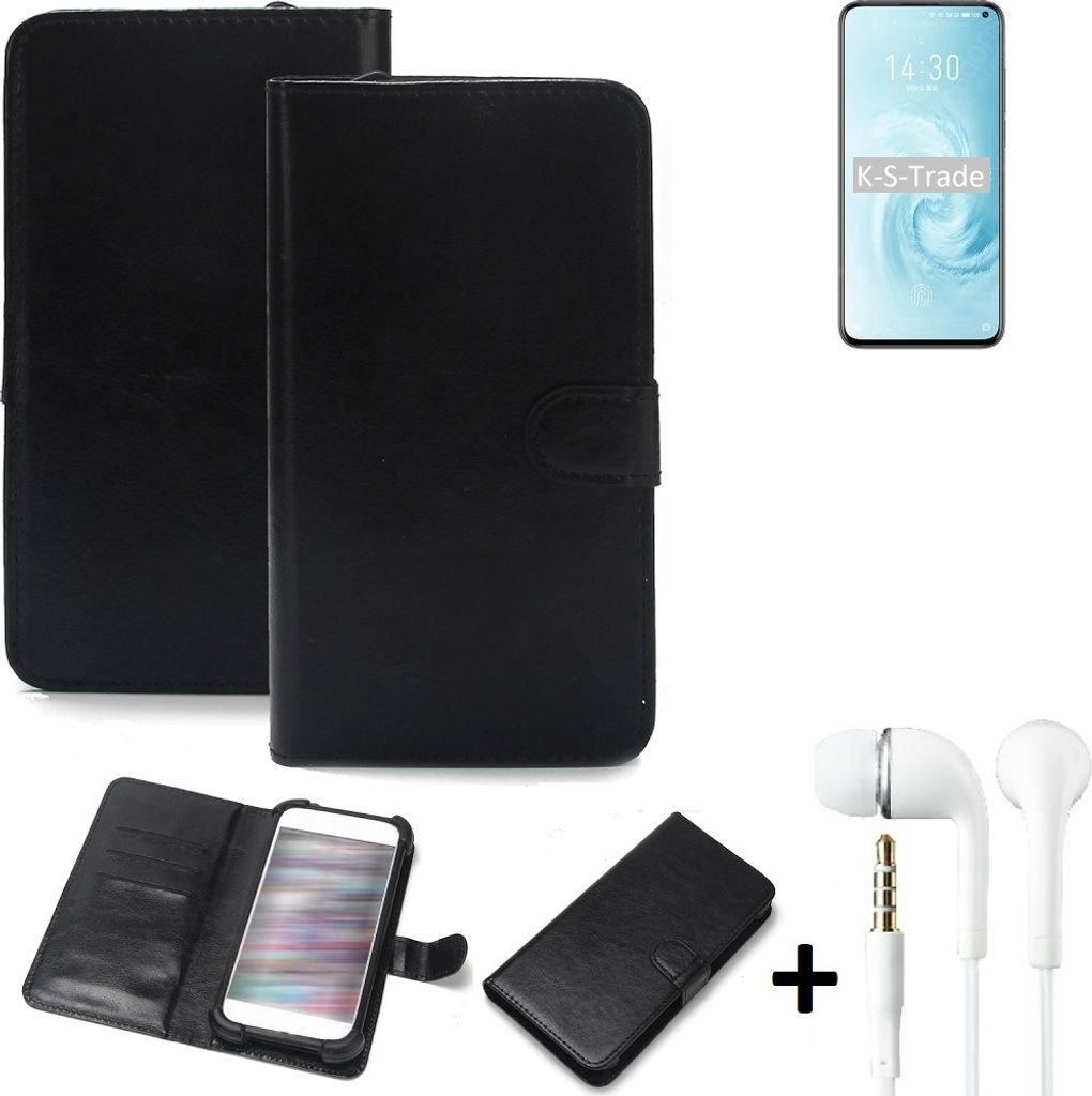 K-S-Trade Wallet Case Handyhülle kompatibel mit Meizu 17 Schutzhülle Flip cover Flipstyle Tasche Hülle Flipcover Slim Bumper schwarz + in ear