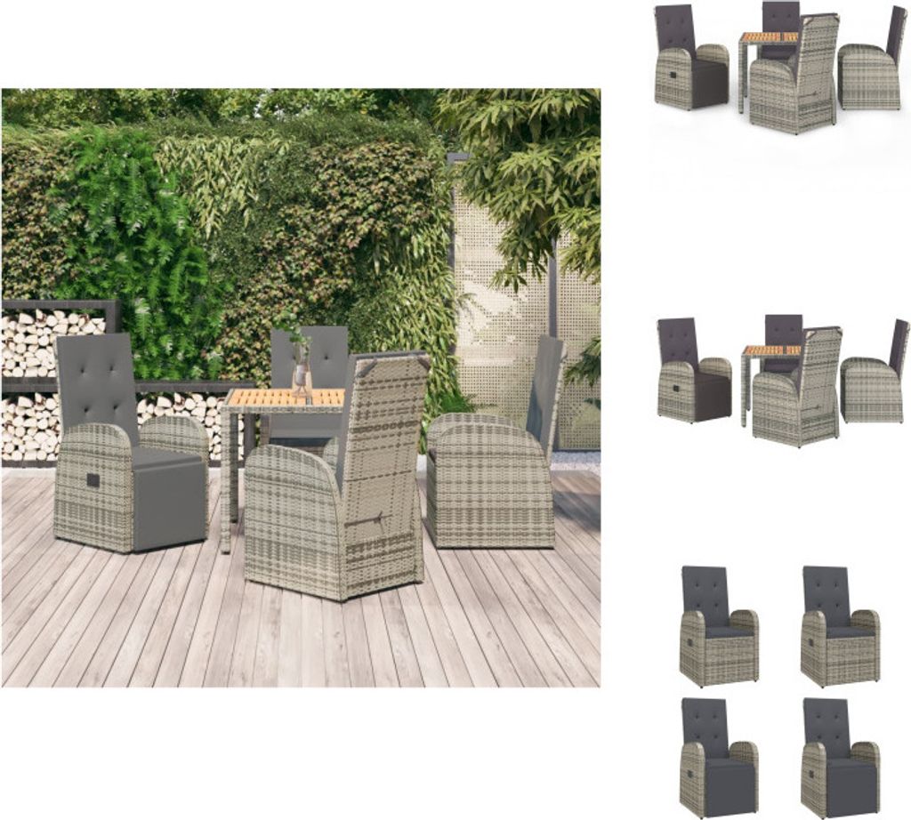vidaXL 5-tlg. Garten-Essgruppe mit Kissen Grau Poly Rattan - Gartenstühle