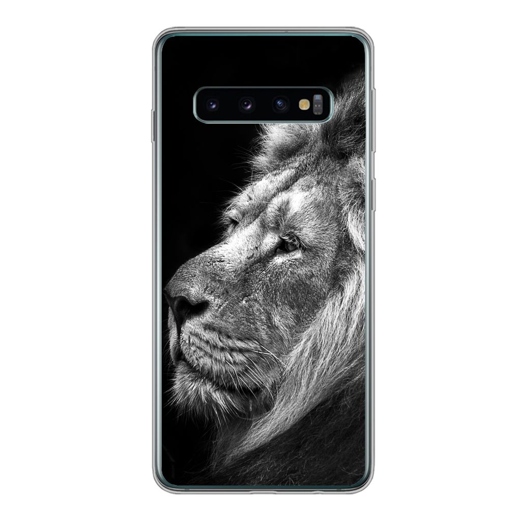 MuchoWow Handyhülle Schutzhülle Hülle für Samsung Galaxy S10 Löwe vor schwarzem Hintergrund in schwarz und weiß Silikon Softcase Handy Hül...