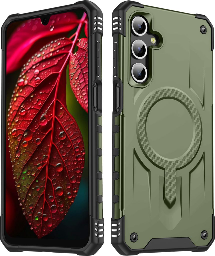 Magnetisch Hülle für Samsung Galaxy A15 5G/4G, Dual Layer PC TPU Stoßfest Handyhülle Dunkelgrün