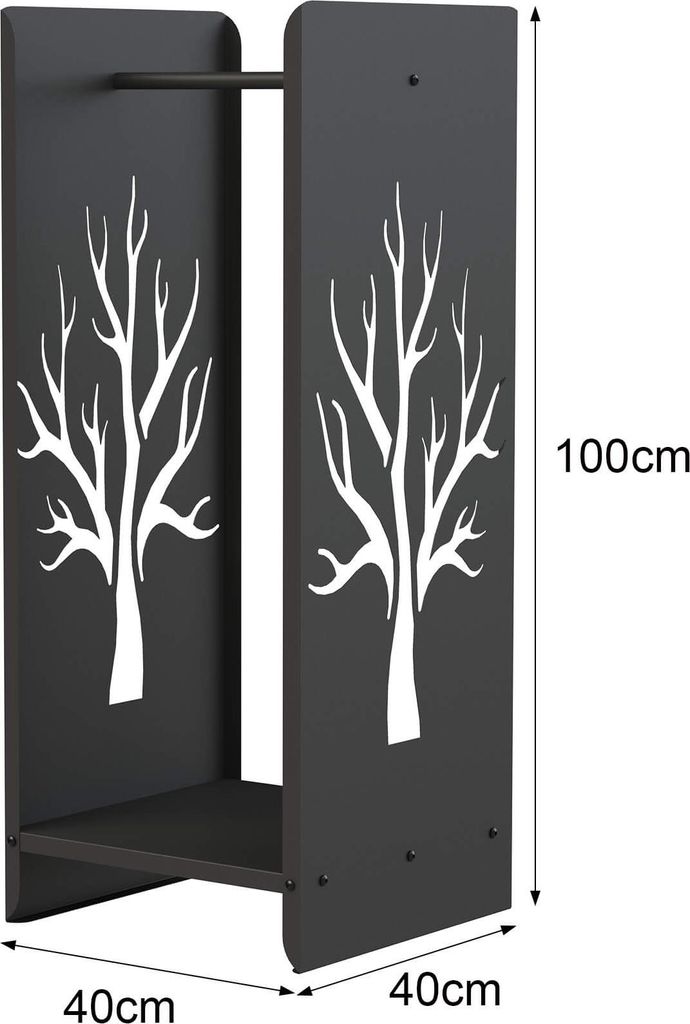 A black metal firewood rack with a tree silhouette design, shown with dimensions.