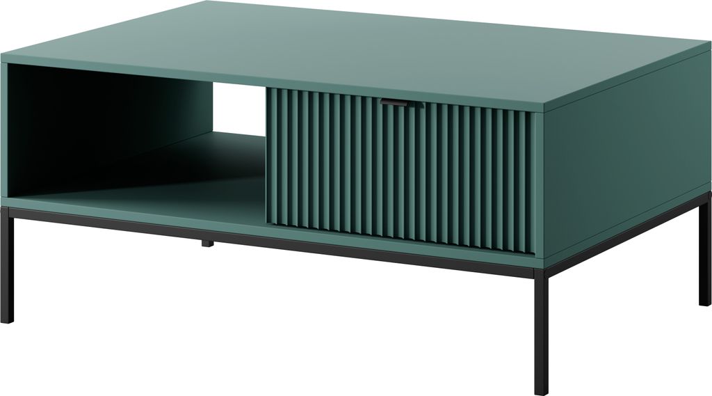 BETTSO Couchtisch Kaffetisch mit Ablage und Geriffelt Schubladen Schwarzgriff NOVA Grün auf Schwarzbeinen