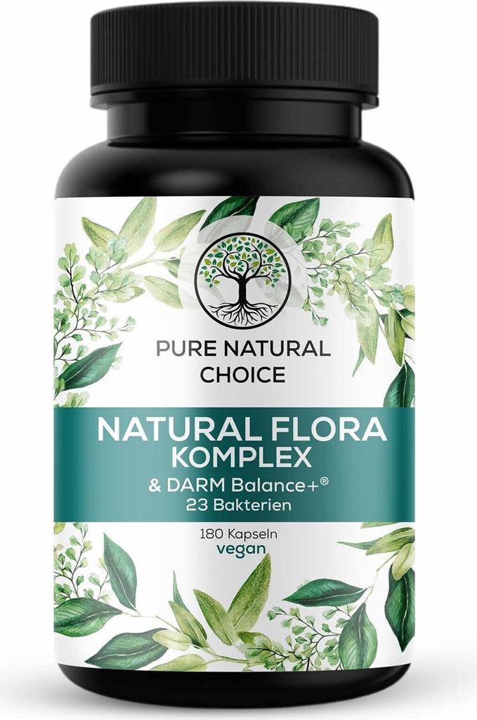 PURE NATURAL CHOICE | NATURAL FLORA KOMPLEX: Hochwirksame Probiotika mit 23 Bakterienstämmen und DARM Balance+ - 180 vegane Kapseln, Hergestellt ...