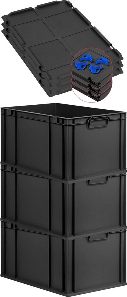 SuperSparSet 3x Eurobox NextGen Grip mit Auflagedeckel inkl. 4 blauen Schiebeschnappverschlüssen | HxBxT 32x40x60cm | 65 Liter | Schwarz | Griffe ...