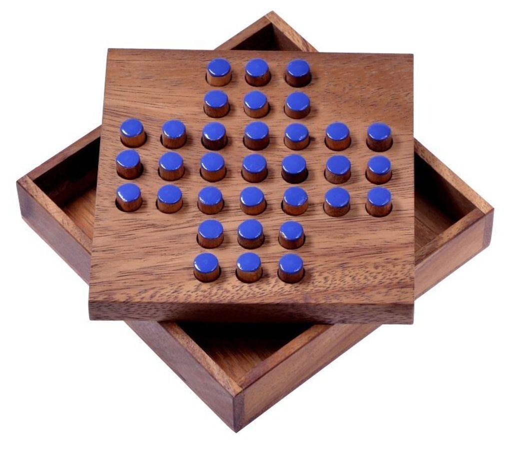 Solitär Gr. L mit blauen Steckern – Solitaire – Denkspiel aus Holz für 1 Person
