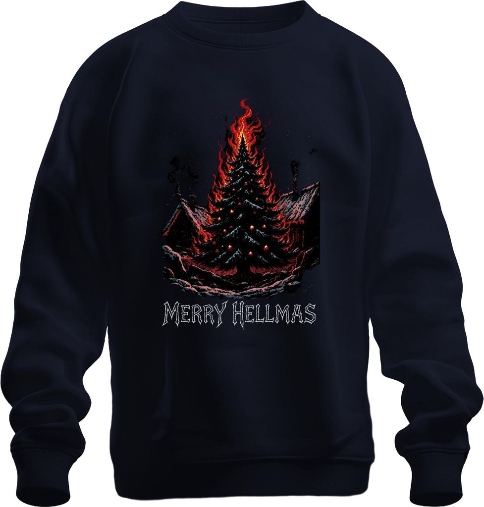 Merry Hellmas brennender Weihnachtsbaum Feuer düster Gothic Uni Sweatshirt Pullover, Navy, M