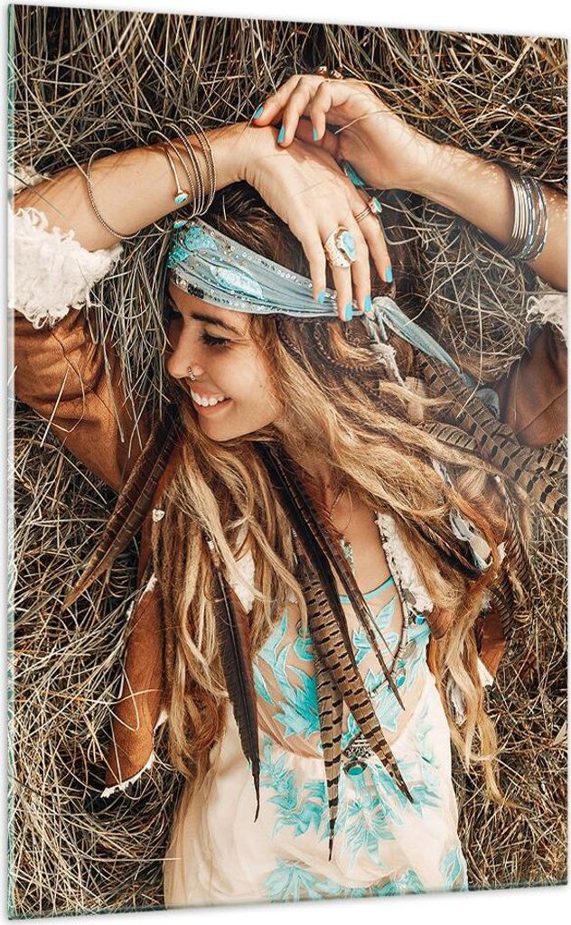 Bilder auf glas - Einteilig - Hippie Frau Gras - 70x100cm - Glasbilder - Wandbilder - Bilder - zum Aufhängen bereit - Wanddekoration aus Glas - Gl...