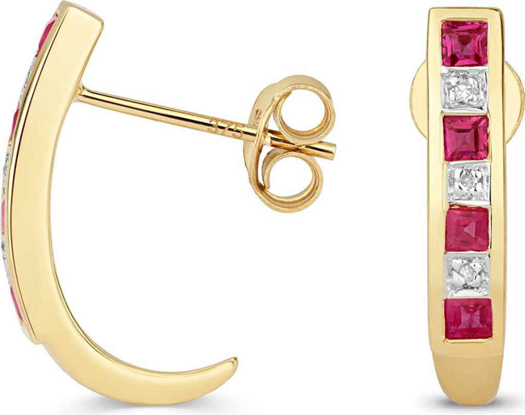 Funkelndes Feuer Elegante 9 Karat (375) Gold Damen - Diamant Paar Ohrringe Brillant-Schliff H - PK mit Rubin - 16mm*3mm; TRS35533