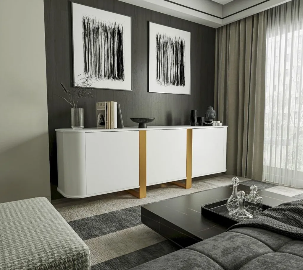 Grand buffet sideboard en pierre BDW commode 3 portes salon glamour 190cm