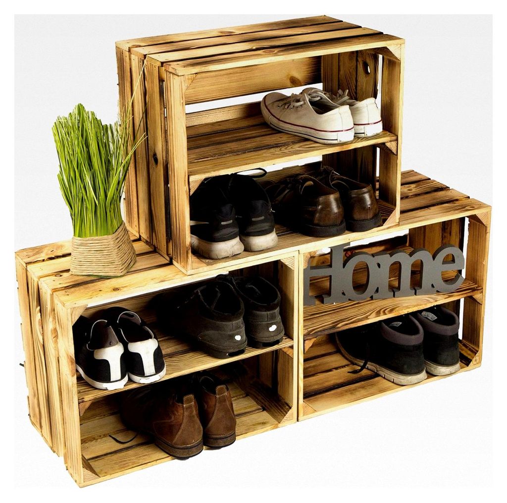 3 x Schuhschrank Schuhregal aus geflammten Holzkisten für 12 Paar Schuhe, Schuhständer und Schuhaufbewahrung aus Holz, Maße 50x30x40cm (je Kiste...